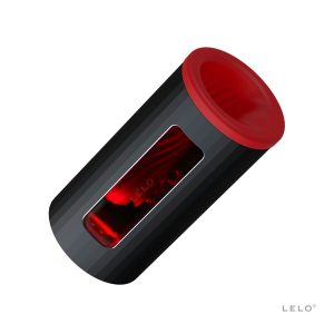 A Lelo F1S V2X Masturbator in red with a matching lid.