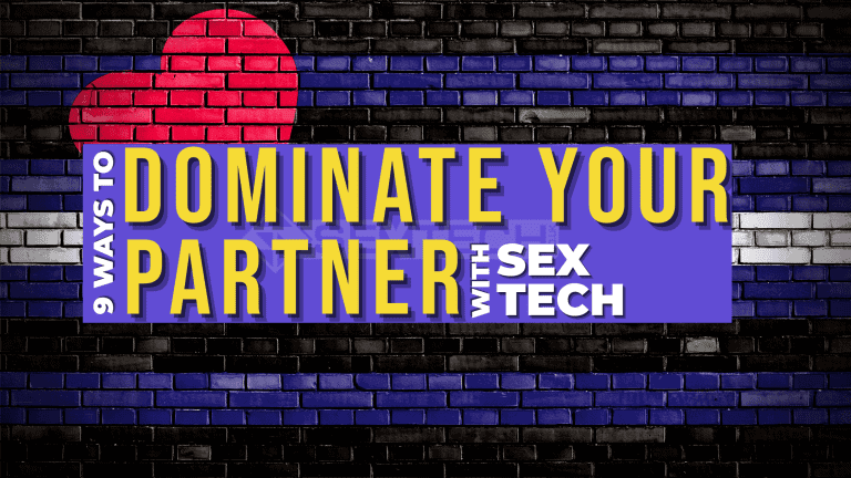 9 ways to dominate your partner with sex tech Vibrant image promoting sexual tech devices for enhancing intimacy, featuring bold text "9 Ways to Dominate Your Partner with Sex Tech" on a brick wall background, ideal for adult intimacy enhancement.