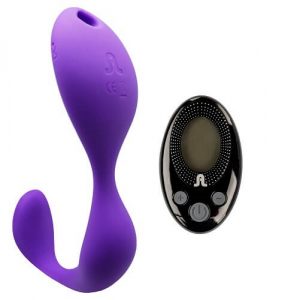 A purple Adrien Lastic Mr Hook Remote Control Rechargeable Panty Vibrator alongside a remote control.