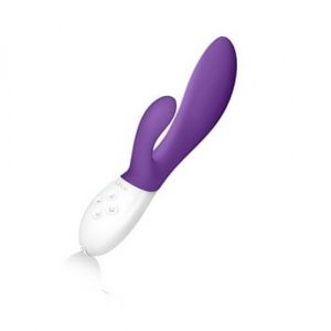A purple LELO Ina 2 rabbit vibrator, rechargeable and placed on a white surface.