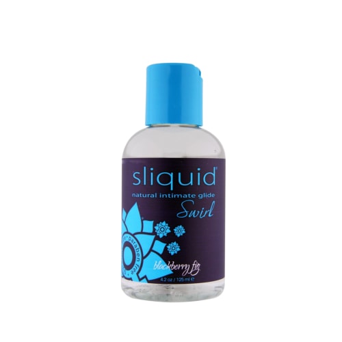 A bottle of Sliquid Naturals Swirl lubricant in Blackberry Fig flavor displayed on a white background.