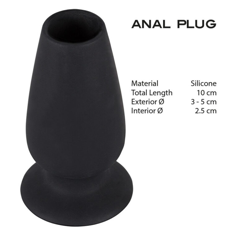 Anal plug made of high-quality silicone, 10 cm total length, with an exterior diameter of 3-5 cm and interior diameter of 2.5 cm, designed for safe and comfortable anal stimulation.