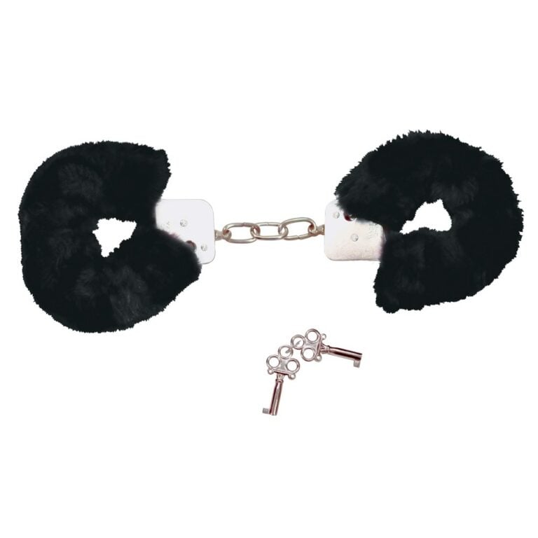 Black plush handcuffs with metal cuffs and chain