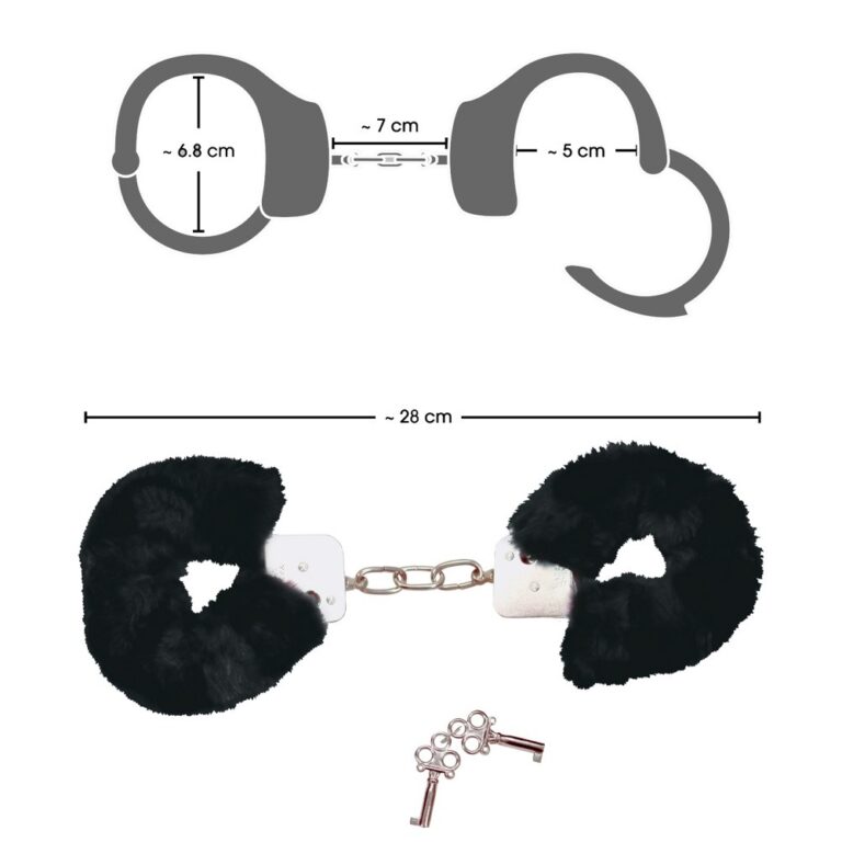 Black plush handcuffs with metal chain and locking keys