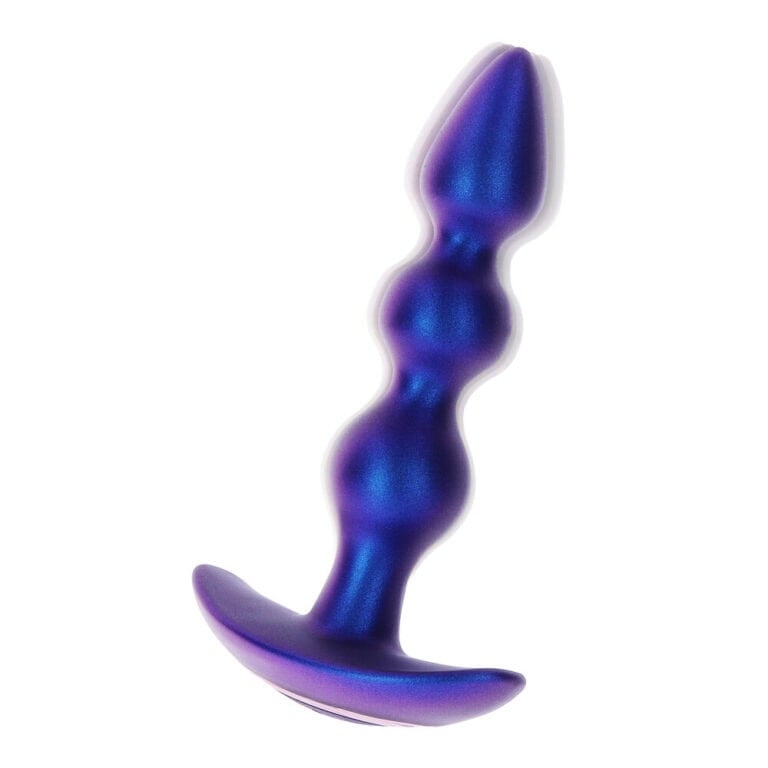 An ergonomic, metallic blue silicone anal toy designed for comfort and pleasure, featuring a curved shape with multiple bulges for enhanced stimulation and easy insertion.