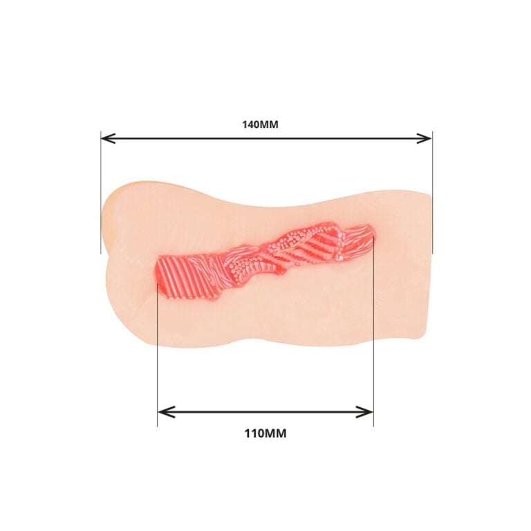 Flesh pink masturbator sleeve with realistic-feel material shown from the side