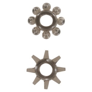 A pair of metal studs on a white background.