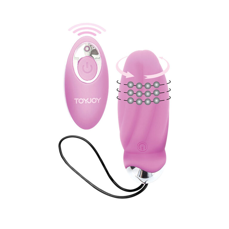 An image of a pink pleasure vibrator with a remote control, designed for intimate stimulation, featuring textured beads and wireless operation for enhanced pleasure and user convenience.