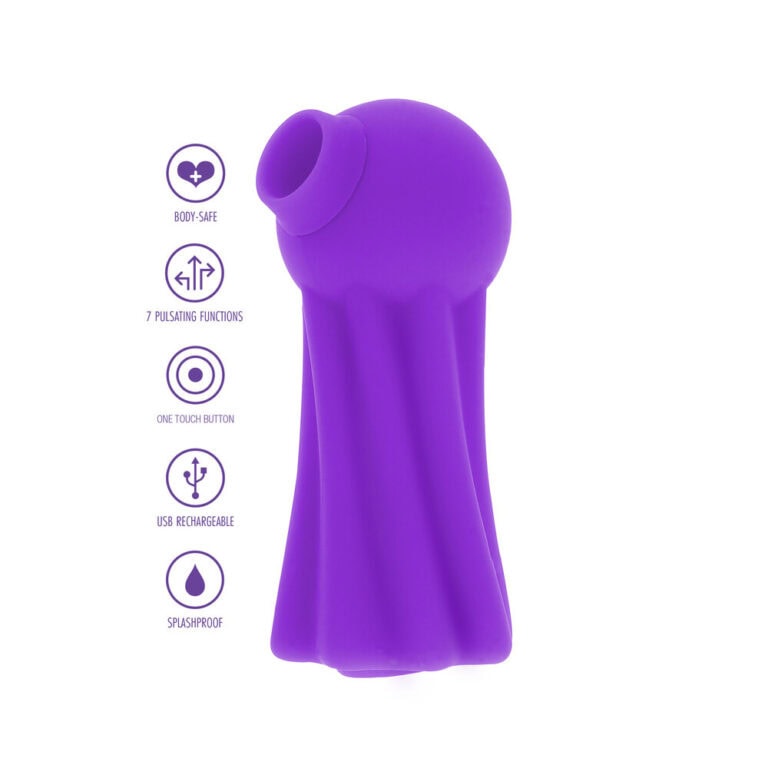 A purple, body-safe vibrator featuring 7 pulsating functions, one-touch control, USB rechargeable, splash-proof design, ideal for intimate pleasure and personal wellness.