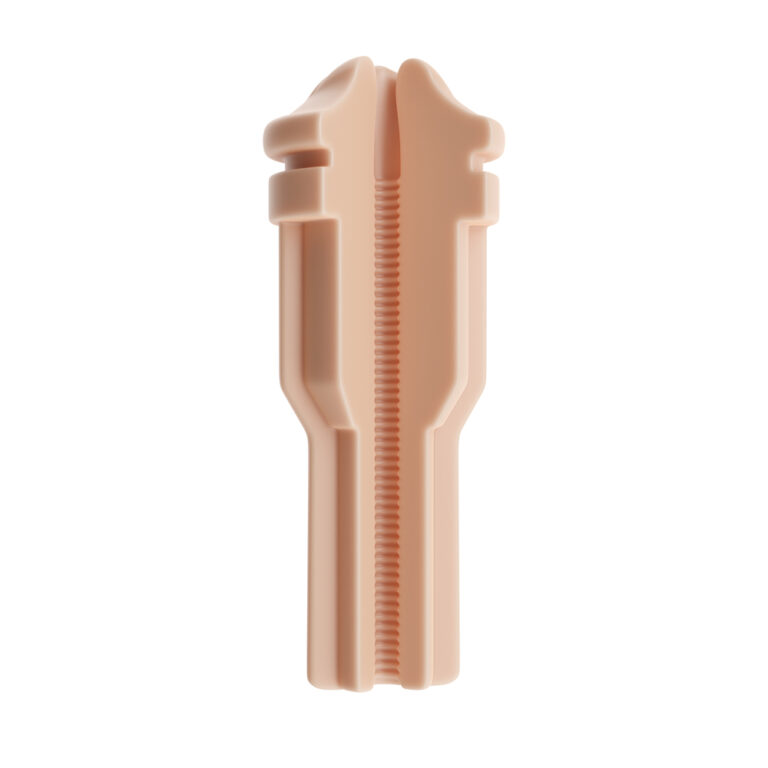 Close-up of a beige zipper-shaped sex toy, highlighting its detailed design and smooth texture, ideal for enhancing intimacy and exploring new sensations.