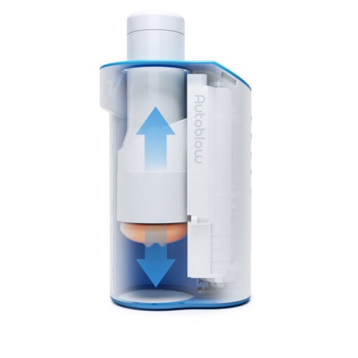 A blue and white water filter with a blue arrow.