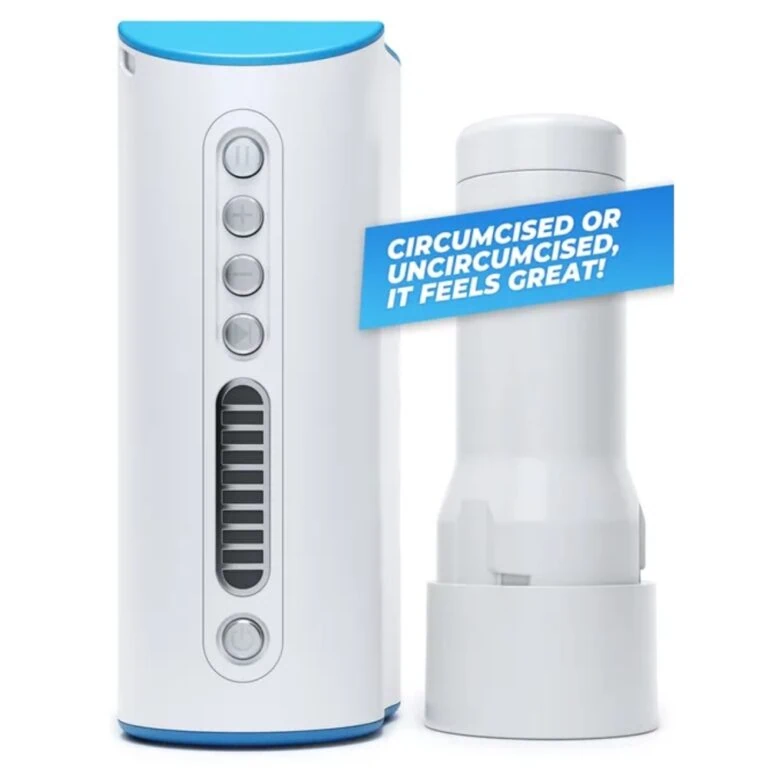 Male masturbation device with adjustable settings, designed for enhanced pleasure and realistic sensation, suitable for both circumcised and uncircumcised users.