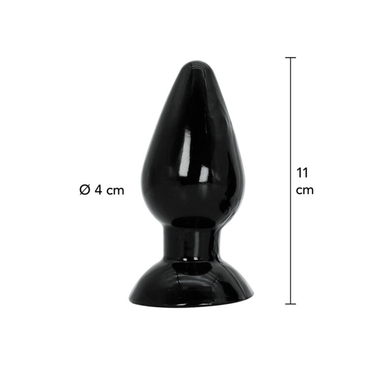 High-quality black silicone anal plug, 11cm in height with a 4cm diameter, designed for comfortable and safe anal stimulation. Perfect for beginners and experienced users seeking premium adult pleasur.