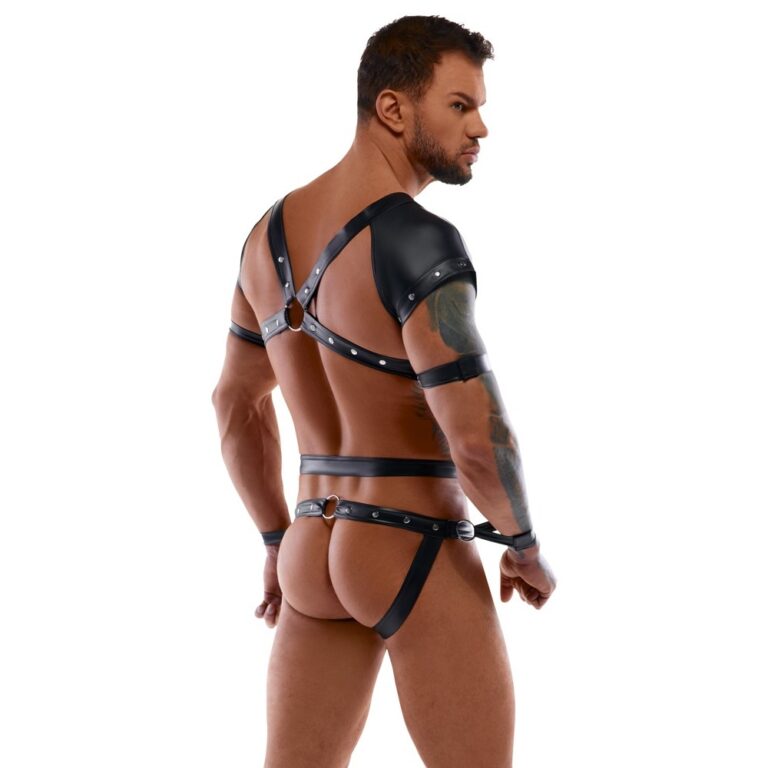 Sexy leather harness worn by a male model, highlighting BDSM and fetish gear for enhanced intimacy and erotic experiences.