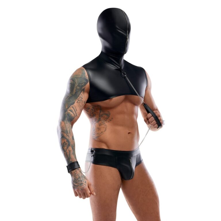 An image of a muscular man wearing a black latex mask, harness, and leather accessories, showcasing modern BDSM and fetish gear designed for adult intimacy and role-play.