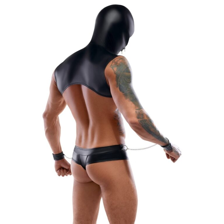 An image showcasing a person wearing a sleek black mask and leather BDSM gear, highlighting modern fetish fashion and adult intimacy accessories for enhanced pleasure and personal expression.