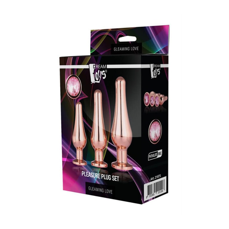 Elegant rose gold pleasure plug set for adult intimate use, designed for enhanced pleasure and comfort, perfect for exploring new sensations and adding excitement to your personal collection.