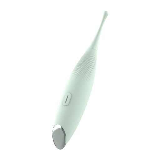 A white electric toothbrush on a white surface.
