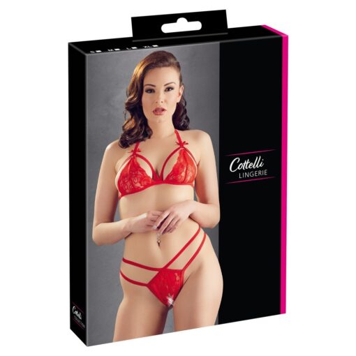 A woman in red lingerie in a box.