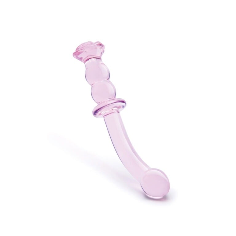 A pink glass dildo designed for intimate pleasure, featuring a curved shape and textured surface for enhanced stimulation and sensory experience.