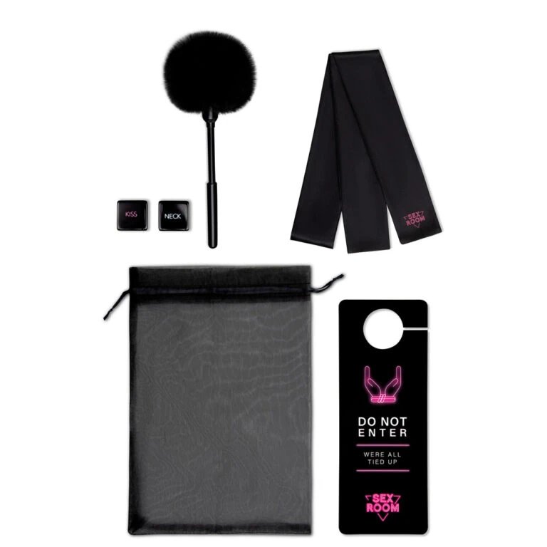 SEO-friendly ALT tag: High-quality sextech accessories including a feather tickler, branded ribbons, and a door hanger for adult pleasure and intimacy enhancement.