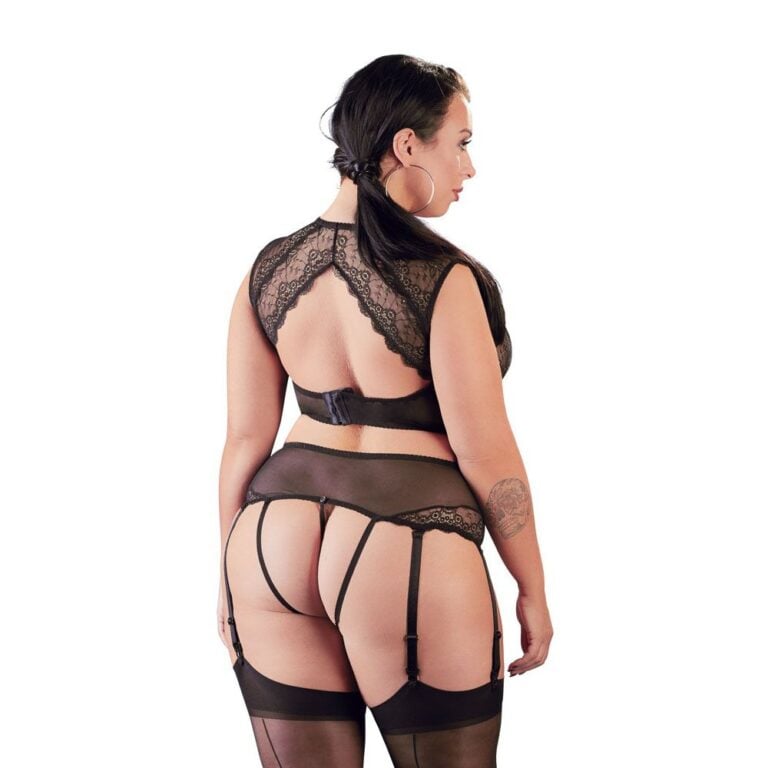 An SEO-friendly ALT tag for this image could be: "Elegant black lace lingerie with garter straps for sensual and intimate wear, perfect for enhancing confidence and pleasure.".