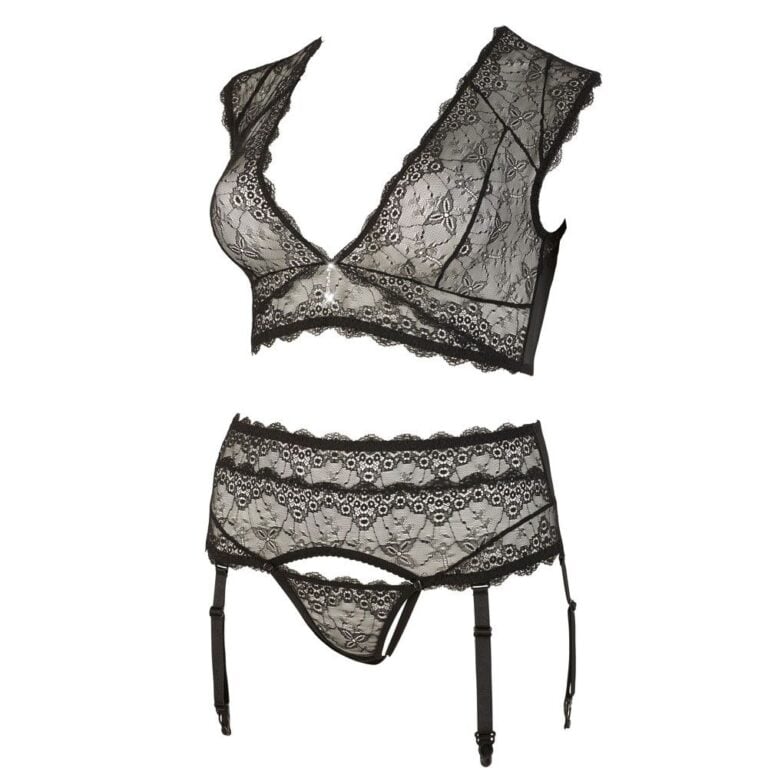Elegant black lace lingerie with garter belt and matching panties, perfect for intimate moments and enhancing sensual appeal. Ideal for adult pleasure products and sexy fashion accessories.
