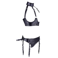 Elegant black leather harness with adjustable straps, metal buckles, and D-rings, designed for BDSM, fetish, and adult intimacy activities. Perfect for enhancing erotic experiences and exploring perso.