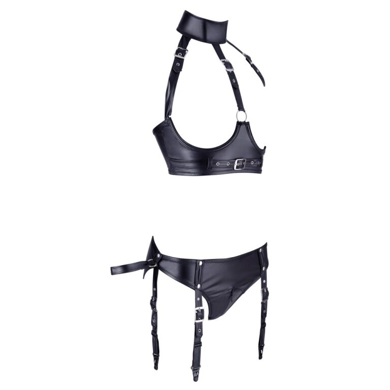 Elegant black leather harness with adjustable straps, metal buckles, and D-rings, designed for BDSM, fetish, and adult intimacy activities. Perfect for enhancing erotic experiences and exploring perso.