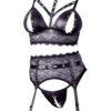 A black lingerie set with lace and rivets.