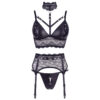 A black lingerie set with a bra and suspenders.