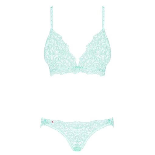 An image of a mint lace bra and panties.