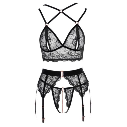 A black lingerie set with lace and a bra.