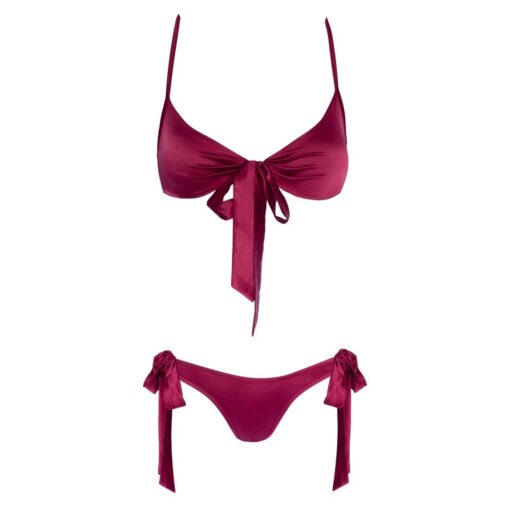 A burgundy bikini set with a bow tie.