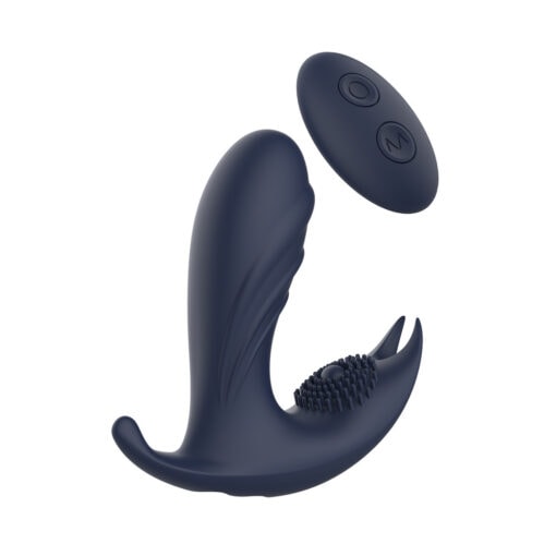 A blue sex toy with a button on it.