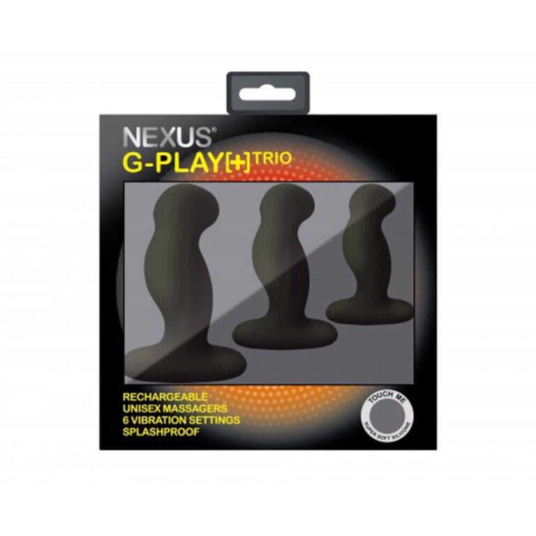 SEO-friendly ALT tag: Rechargeable Nexus G-Play+ Trio unisex massagers with 6 vibration settings, splash-proof design, perfect for intimate pleasure and personal wellness.
