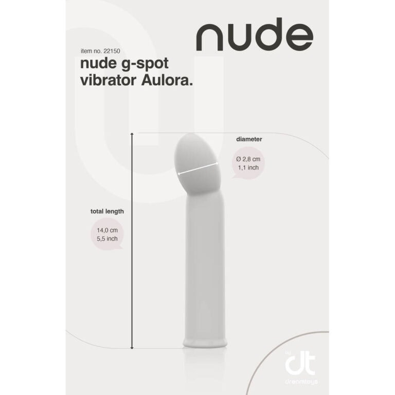 Discreet nude g-spot vibrator Aulora designed for targeted stimulation, featuring a 2.8 cm diameter and 14 cm total length. Perfect for intimate use, combining comfort and effective pleasure.