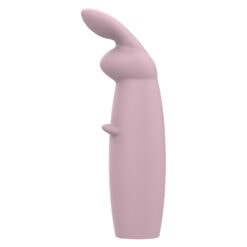 A pink bunny shaped toy on a white background.