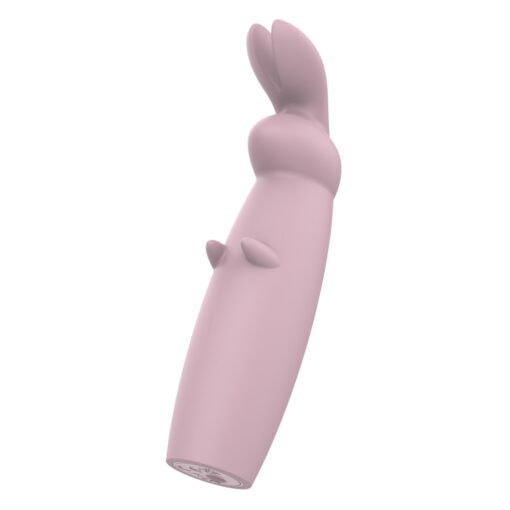 A pink bunny shaped sex toy on a white background.