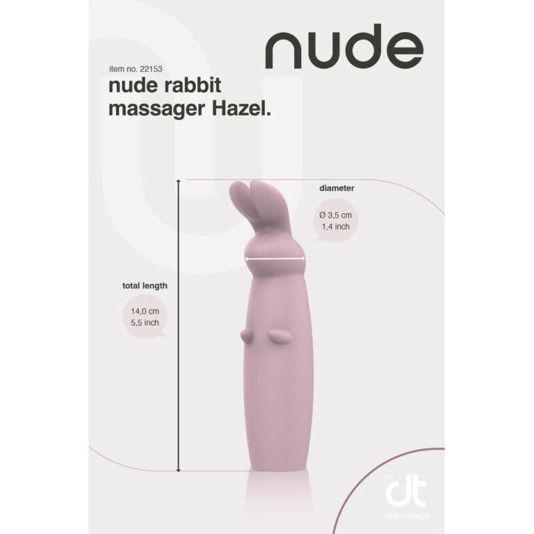 An image of the Nude Rabbit Massager Hazel, a compact and realistic vibrator designed for intimate pleasure, featuring detailed measurements and a soft pink finish.
