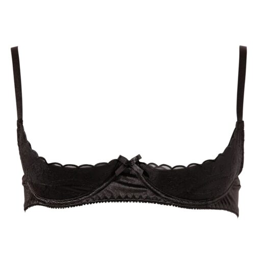 A black bralette with lace detailing.