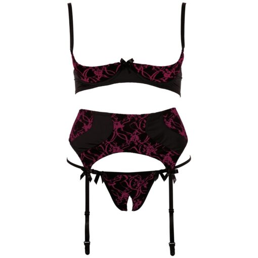 A black and pink lingerie set with garters.