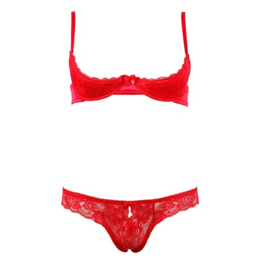 A red bra and panties set on a white background.