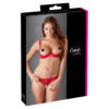 A woman is posing in a red lingerie box.