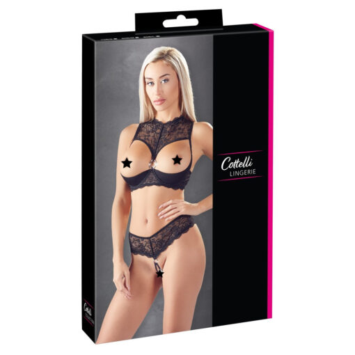 A woman in black lingerie in a package.