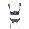 A purple lingerie set with a halter top and suspenders.