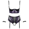 A purple lingerie set with lace and black suspenders.