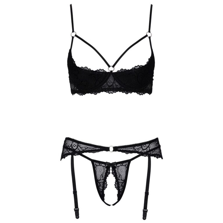 Elegant black lace lingerie set with adjustable straps, perfect for intimate occasions and enhancing sensual appeal. Designed for comfort and style, ideal for romantic moments.
