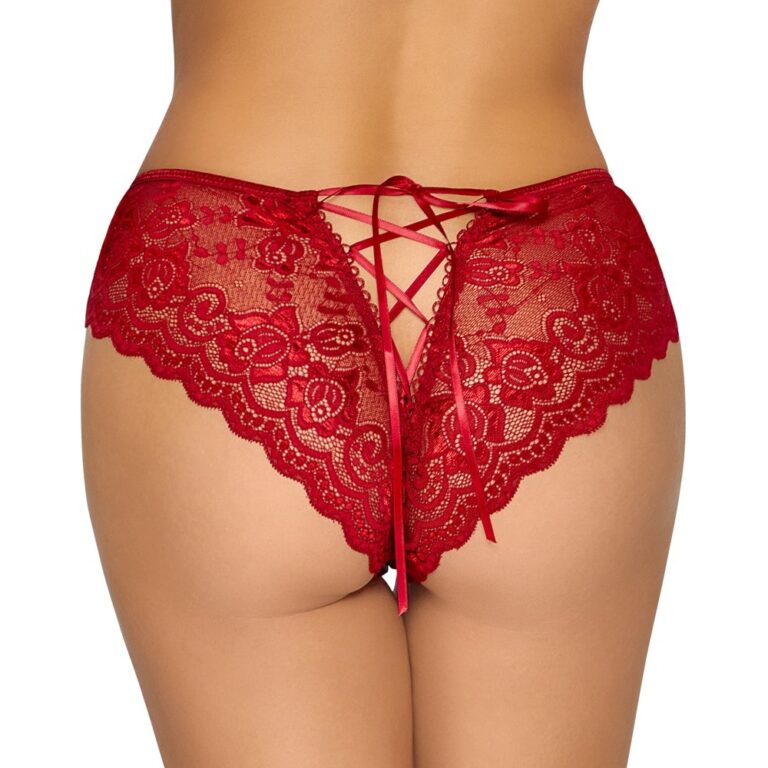Elegant red lace lingerie with intricate floral patterns and adjustable ribbon ties for a sensual look.