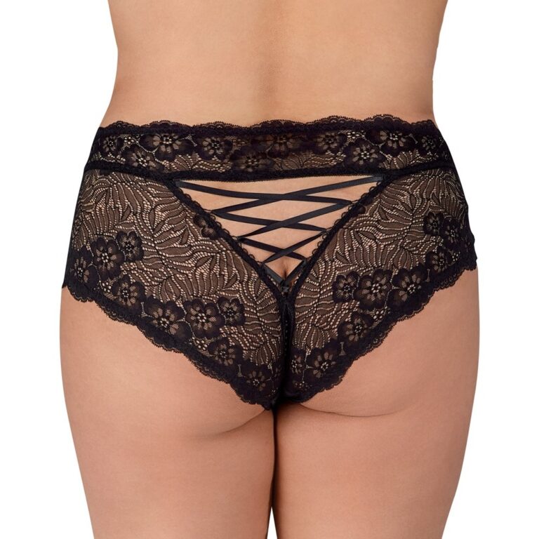 An SEO-friendly ALT tag: Elegant black lace women's panties with intricate floral design and crisscross detail, perfect for intimate wear and enhancing confidence.